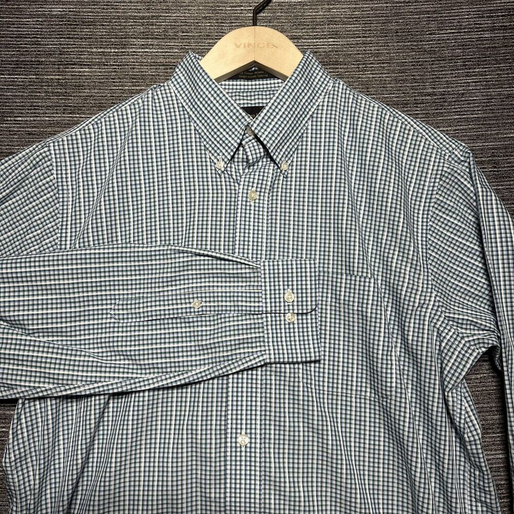 Allen Edmonds Shirt Men's L Blue Green Plaid Long Sleeve Button Wrinkle Free